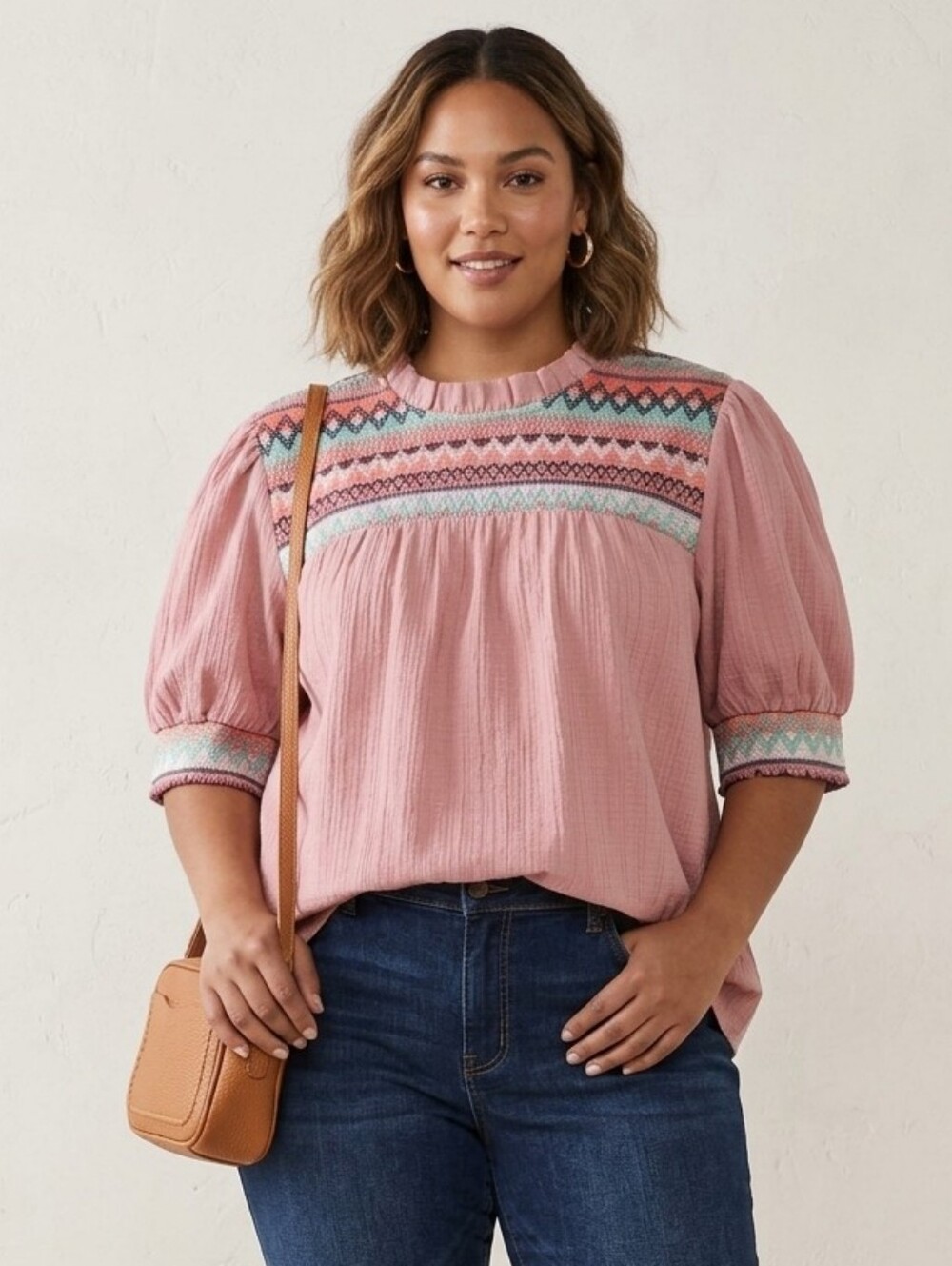 SHEIN Light Pink Embroidered Yoke Short Sleeve Top Size Large